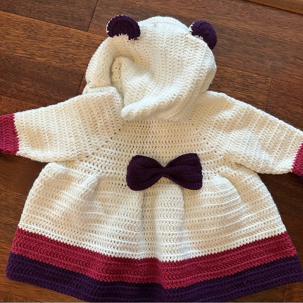 SOLD ON X-POST Adorable White and Purple Crochet Baby Cardigan - Picture 3 of 8